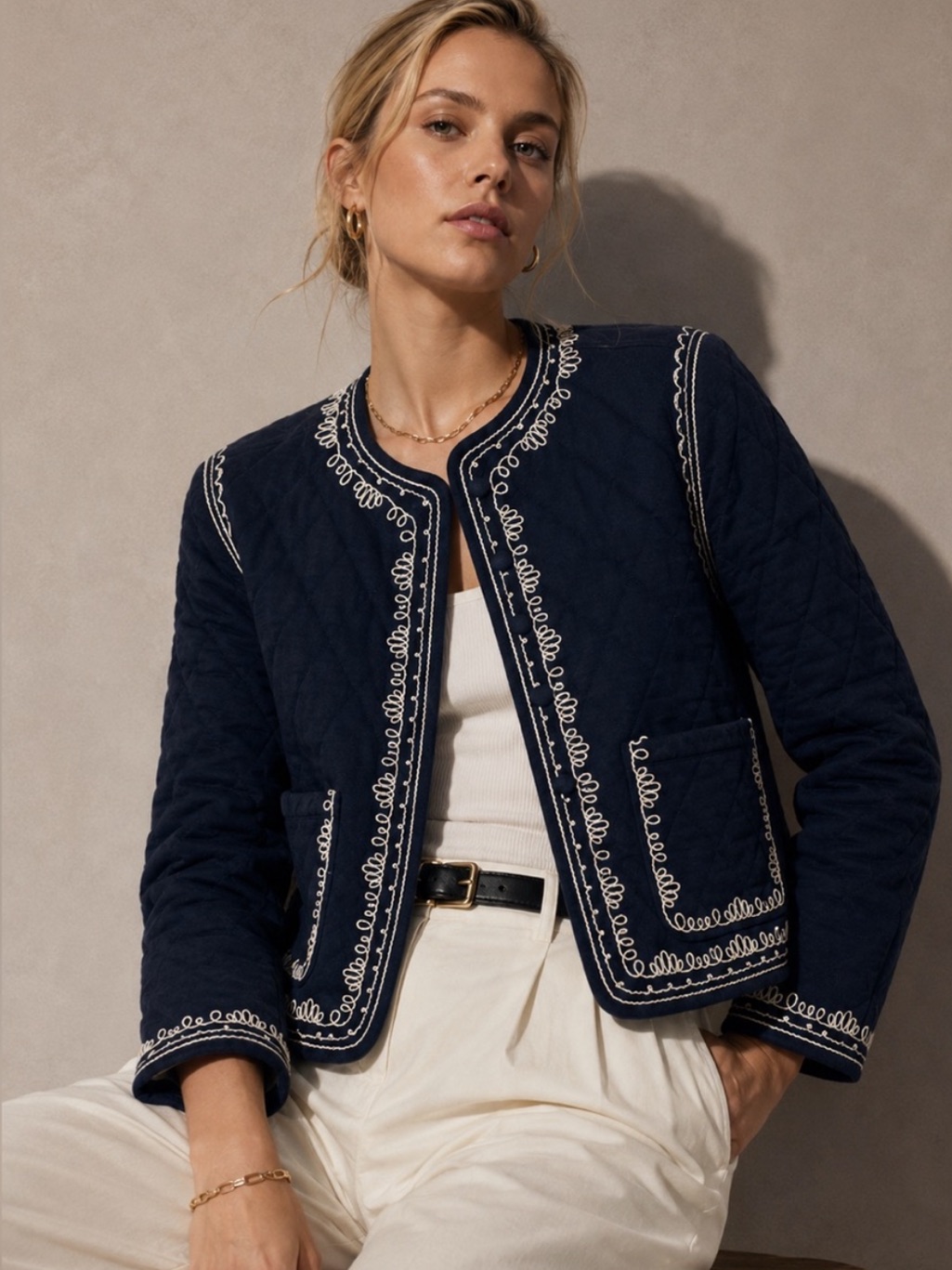 Bagatelle Quilted Jacket Features A Navy Blue Base New